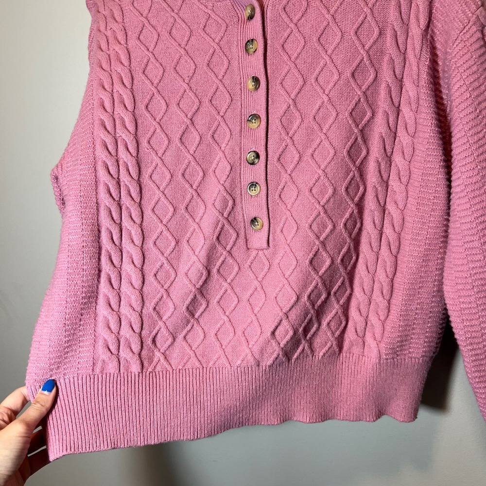 Ann Taylor Weekend Pink Cable Knit Henley Sweater Women's Large Button Up - Picture 6 of 11